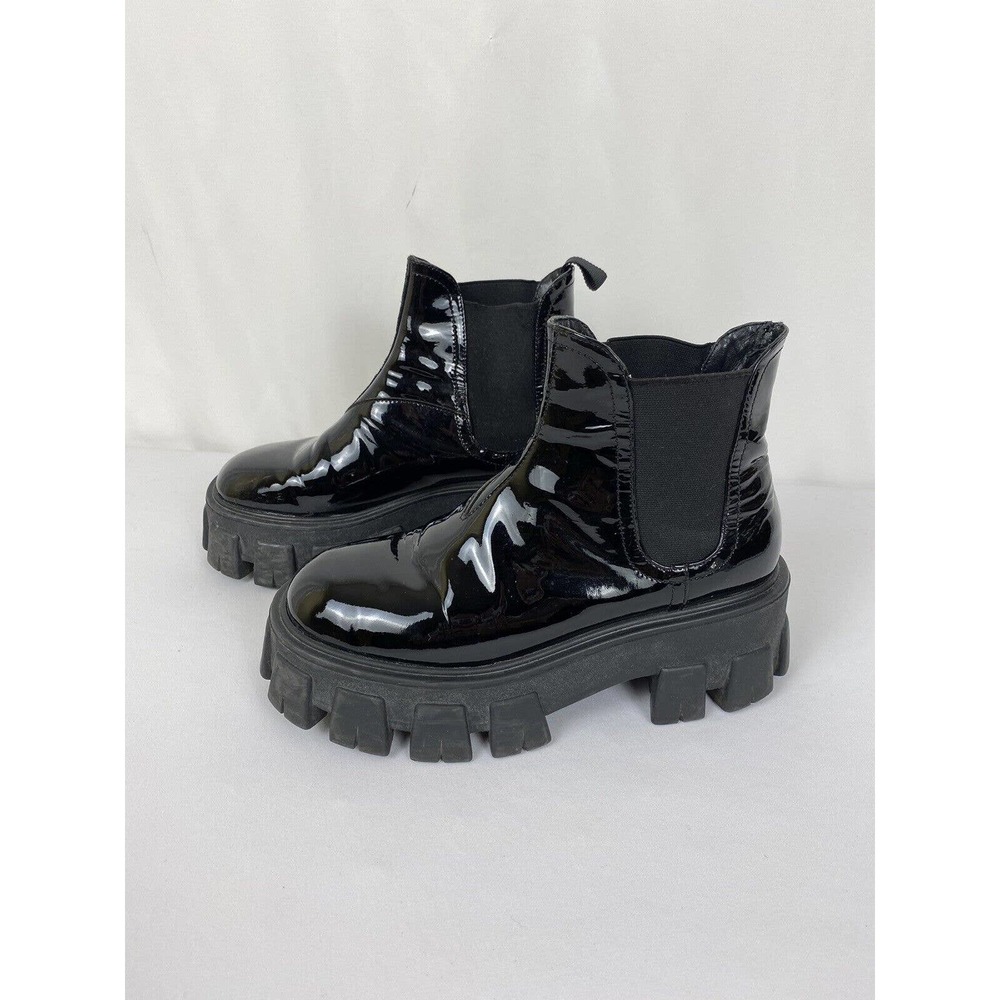 Prada Womens Monolith Chunky Platform Chelsea Ankle Boots Black Patent Size 37